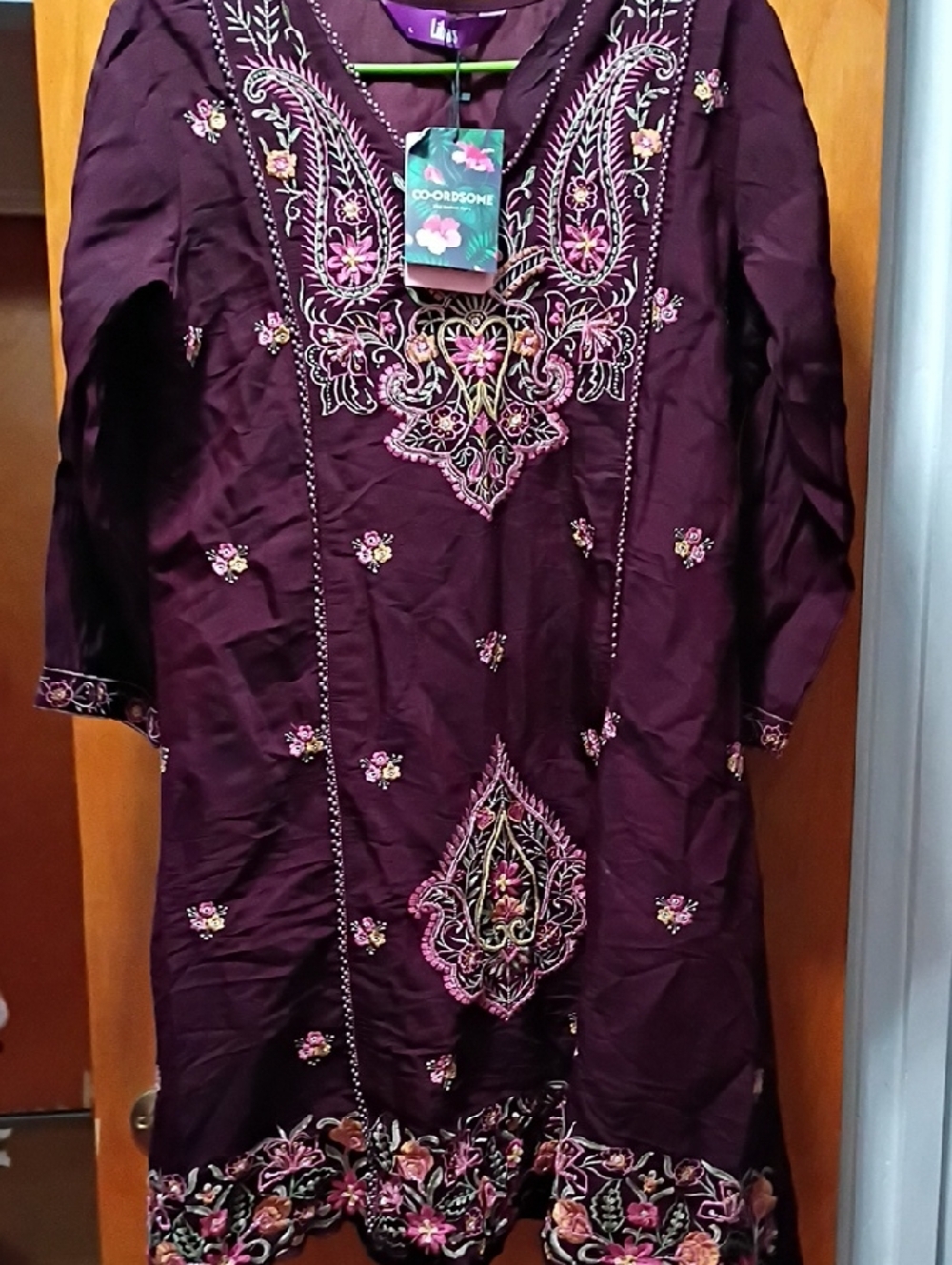 Purple Embroidered Kurti with Pink Floral Accents Sareen 9 Yards